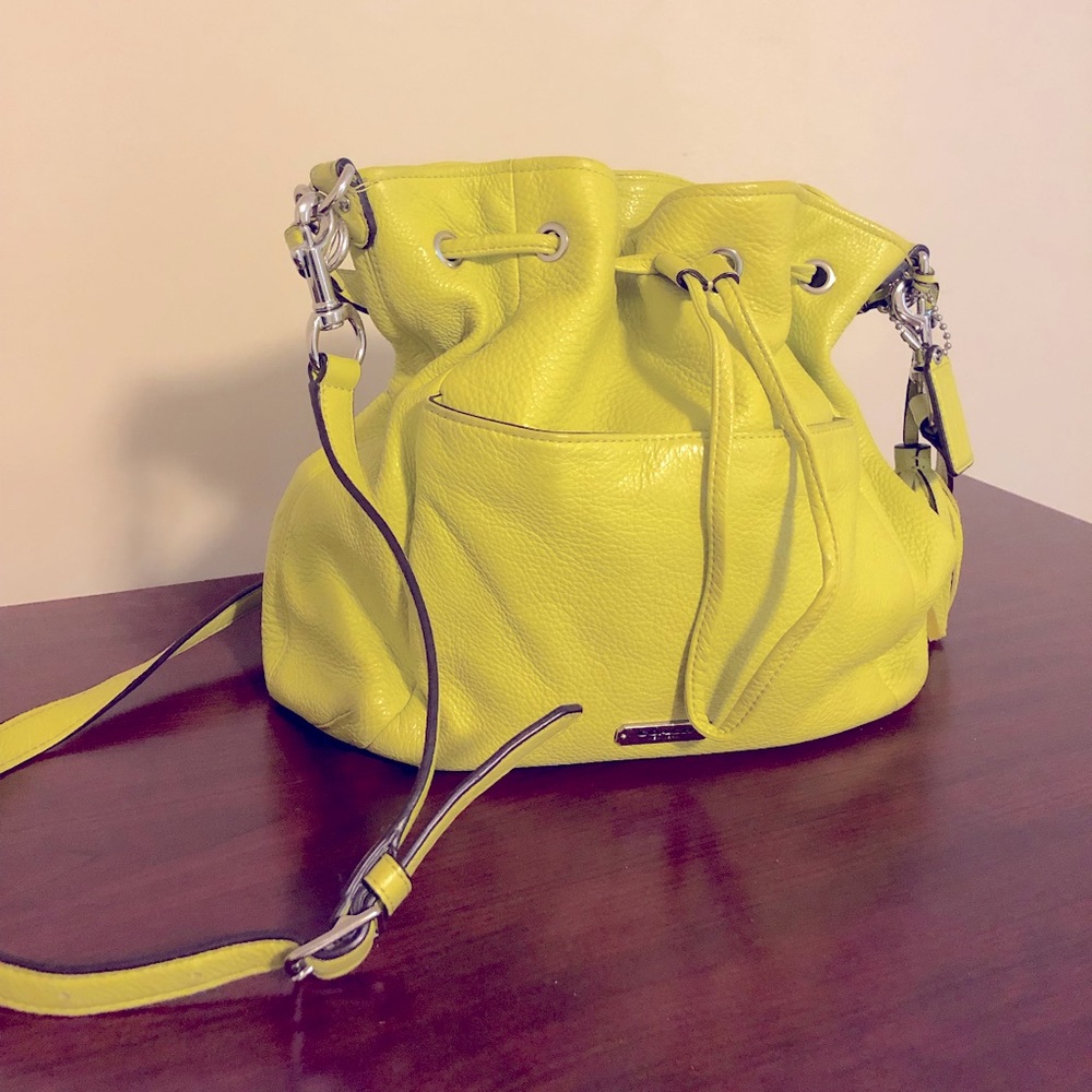 Coach drawstring bag, chartreuse pebble leather, silver hardware